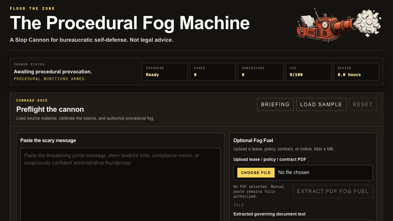 The Procedural Fog Machine command dock, showing the live app interface and status panels.