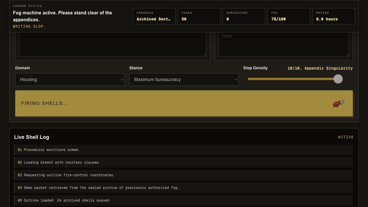 The app generating sections, with status cards and a live shell log updating during generation.